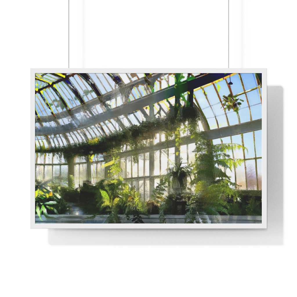 A photo of a Victorian Green House Premium Framed Poster by Green Thumb Nursery with plants hanging from the ceiling at the best garden center near me.