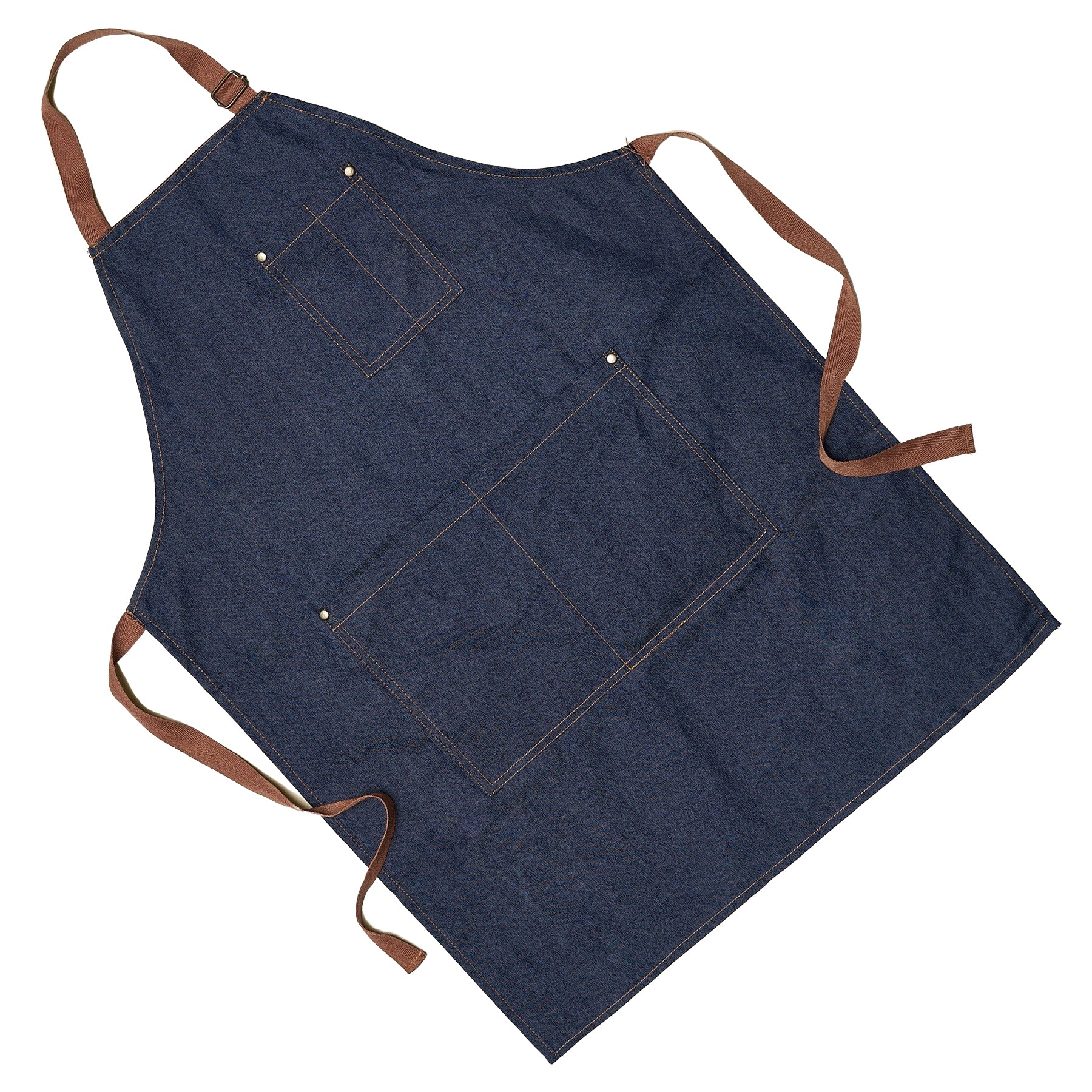 A blue denim apron with brown straps, perfect for working at the best garden nursery near me.